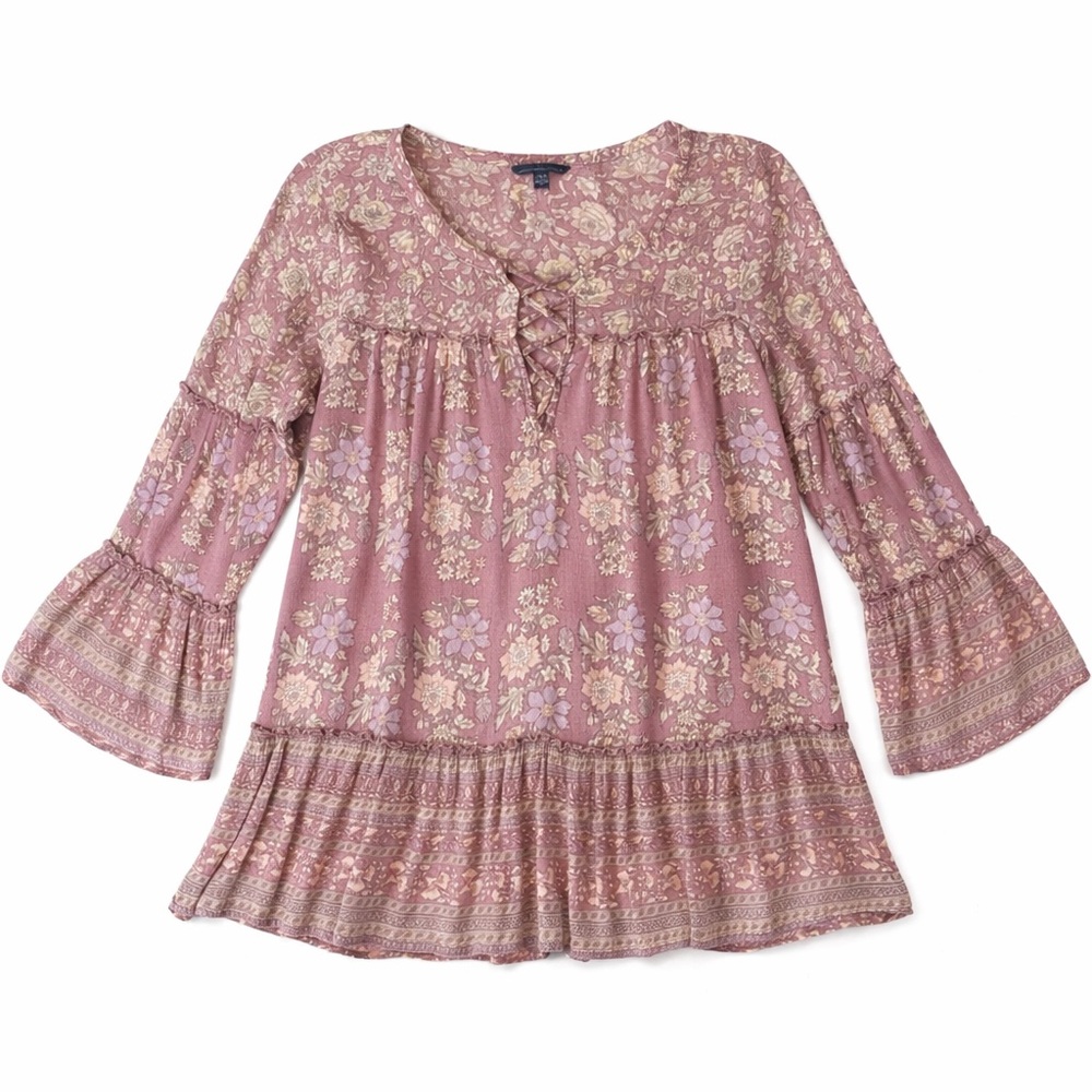 Boho Floral Tunic Top Mauve Bell Sleeve Size L - Picture 3 of 8